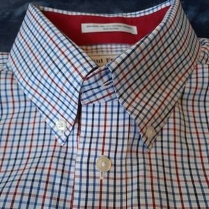 Paul Fredrick White/Blue/Red Check Button Down Long Sleeve Shirt Size 16.5- 35